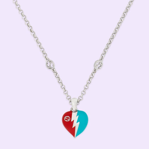 GUCCI Interlocking G Heart Lightning Charm Necklace