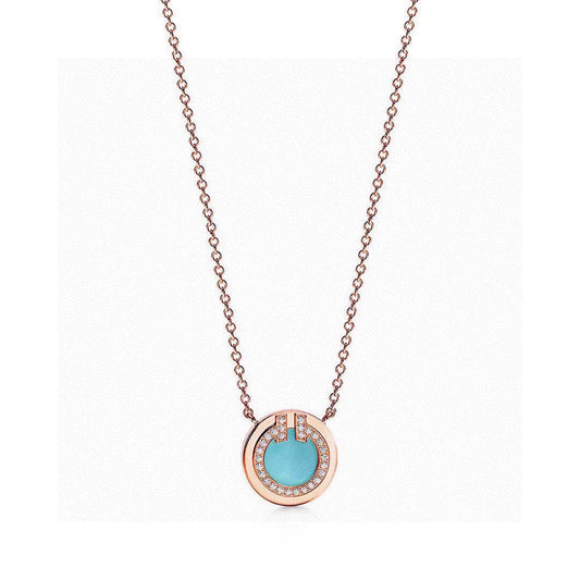 18K T Diamond & Turquoise Circle Pendant Necklace