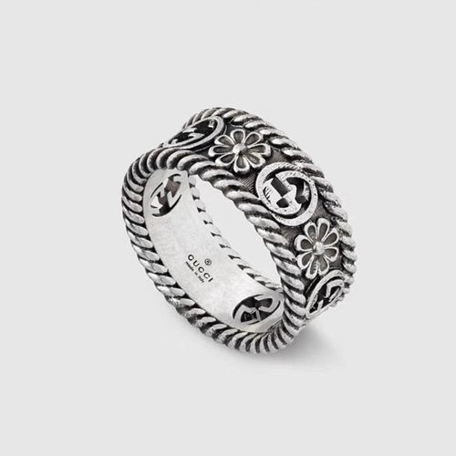 Gucci Aged Sterling Silver Interlocking G Flower Ring
