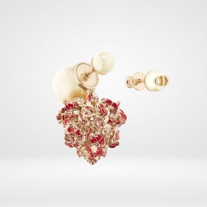 18K CD Tribales Red Flower Heart Faux Pearl Earrings