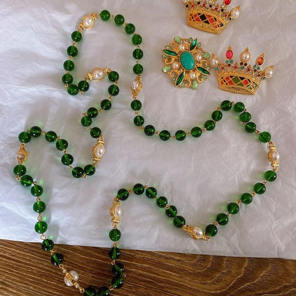 18K CC Long Green & White Pearls Necklace