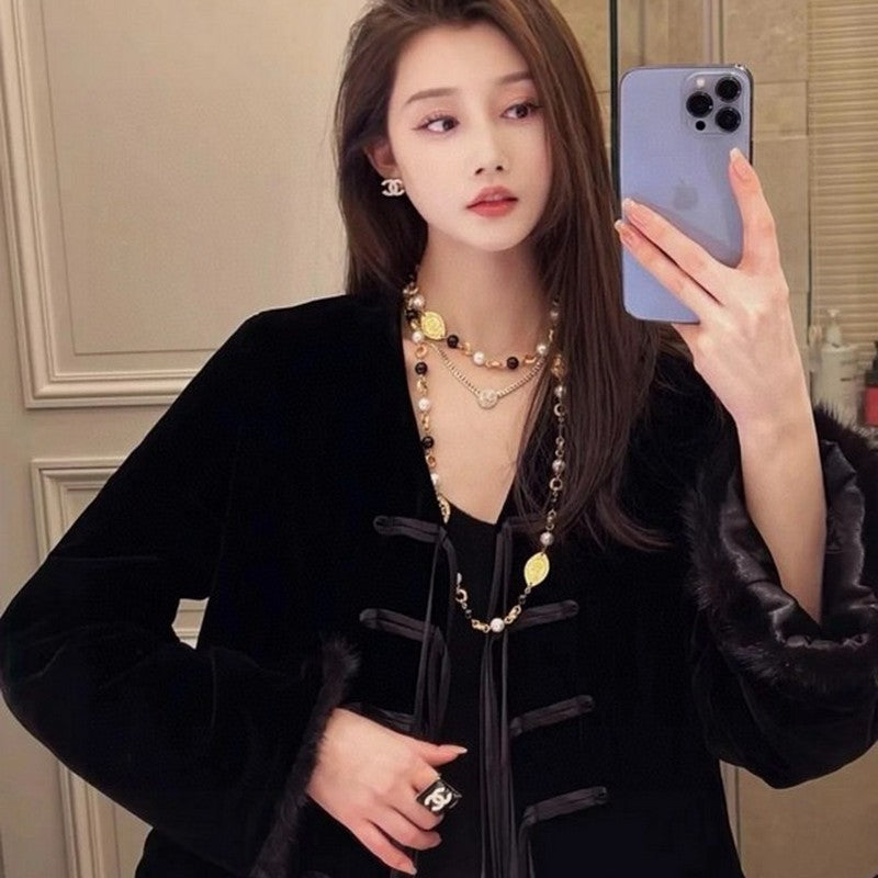 18K CC Long Black & White Pearls Necklace