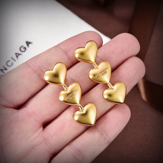 18K BB Three Heart Gold Earrings