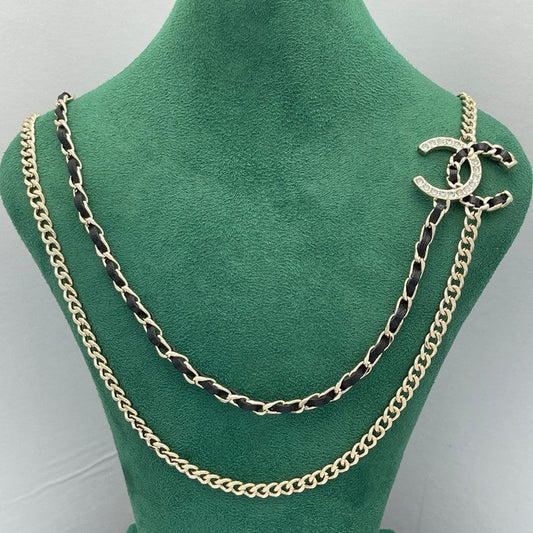 18K CC Black Leather Chain Necklace
