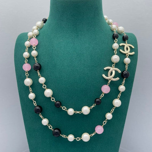 18K CC Black & Pink Bead Long Necklace