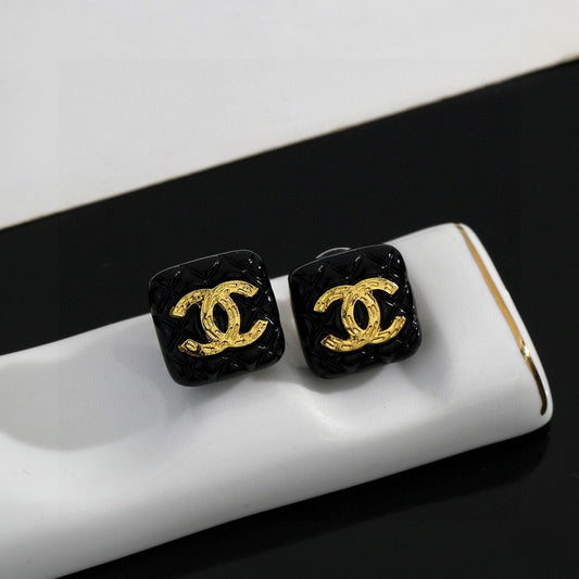 18K CC Black Gold Square Earrings
