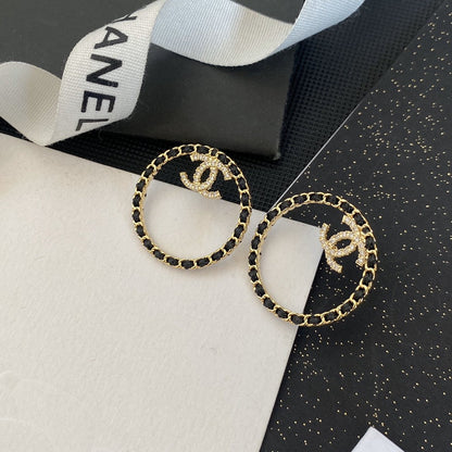 18K CC Black Leather Circle Earrings