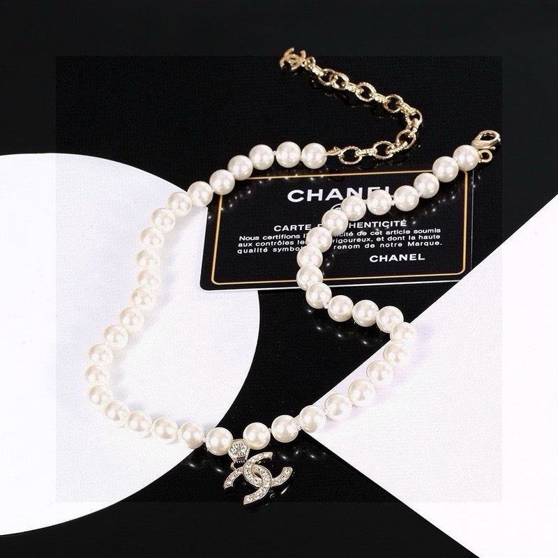 18K CC Pearl Chain Diamond Necklace