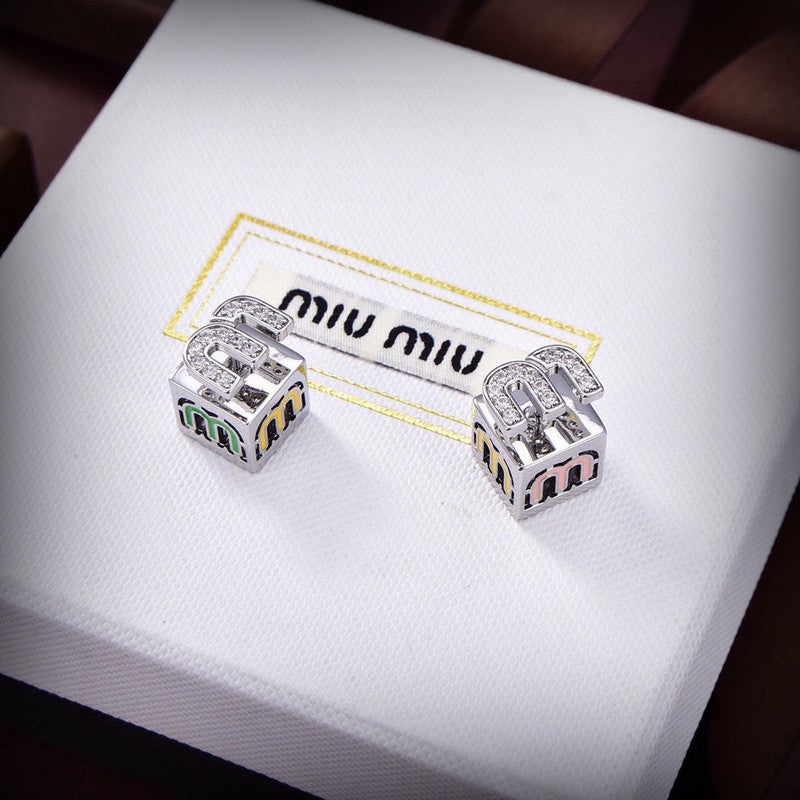 18K Miu Green & Yellow Cube Earrings