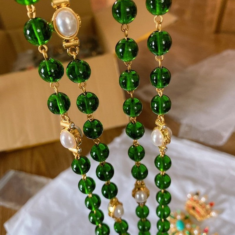 18K CC Long Green & White Pearls Necklace