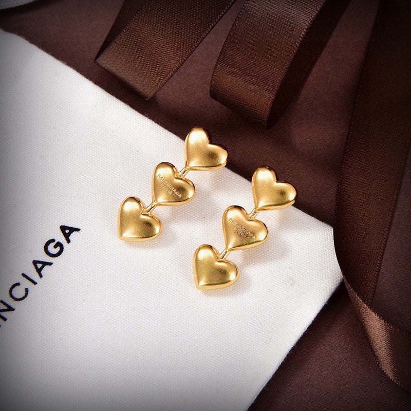 18K BB Three Heart Gold Earrings