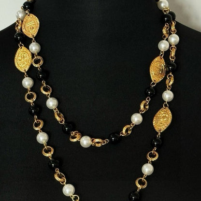 18K CC Long Black & White Pearls Necklace