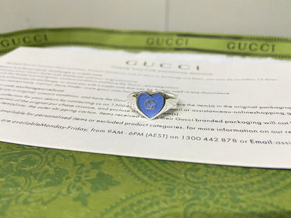 Double G Interlocking G Blue Enamel Heart Ring