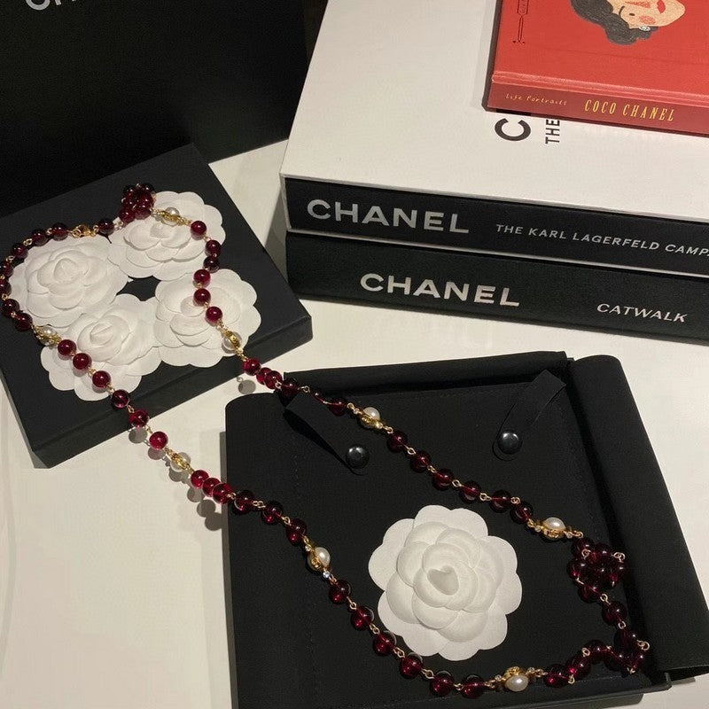 18K CC Long Red & White Pearls Necklace