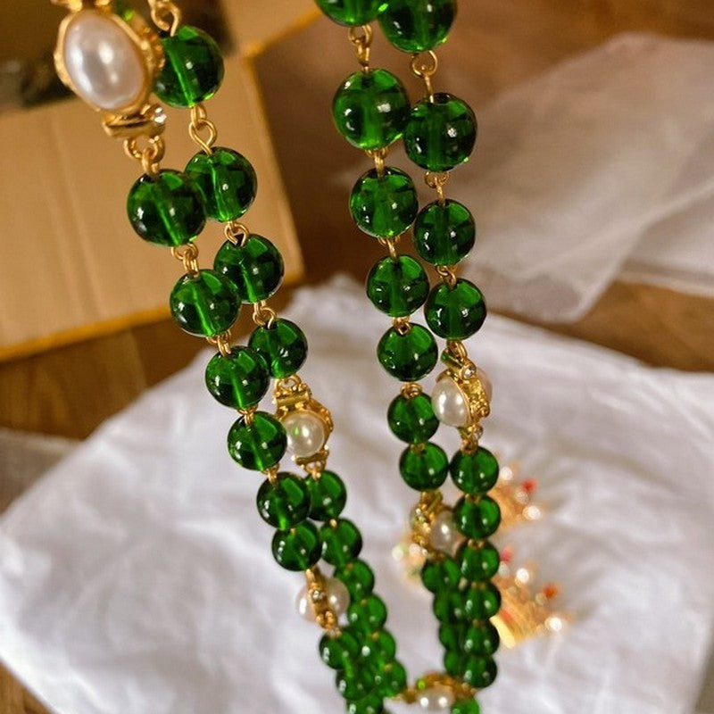 18K CC Long Green & White Pearls Necklace