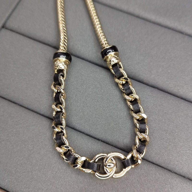 18K CC Black Leather Gold Chain Necklace