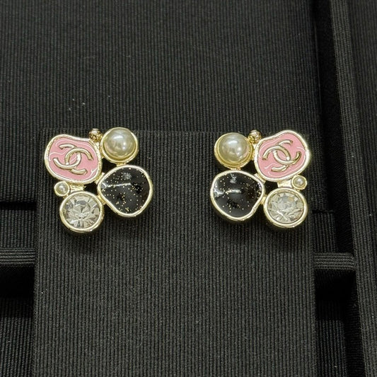 18K CC Black & Pink Crystal Earrings