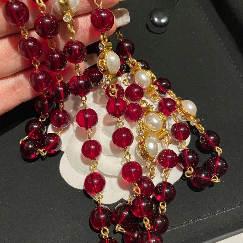 18K CC Long Red & White Pearls Necklace