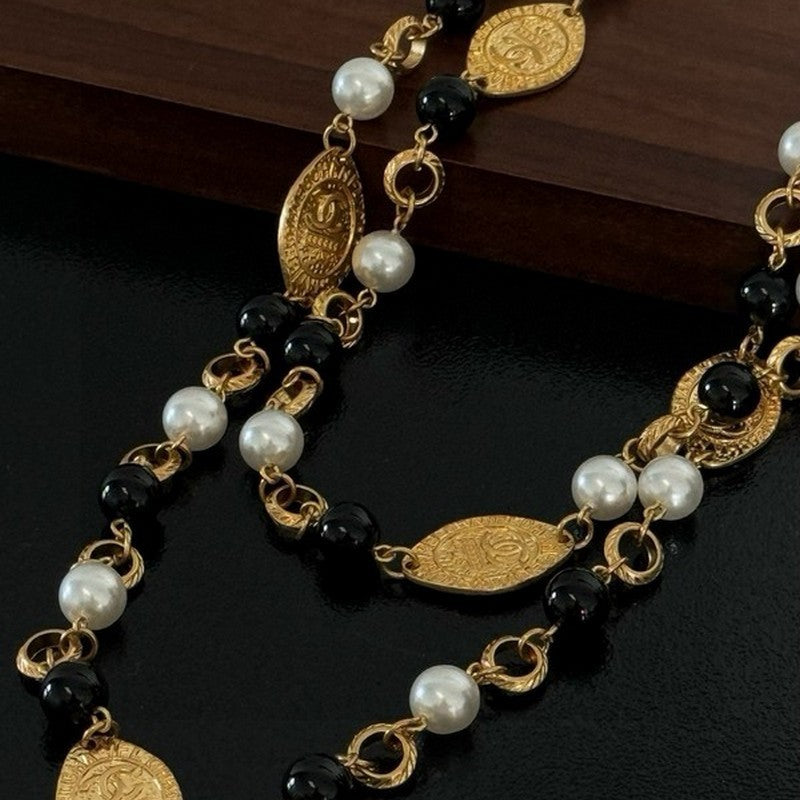 18K CC Long Black & White Pearls Necklace