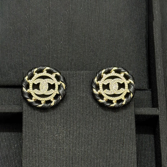 18K CC Black Leather Round Earrings