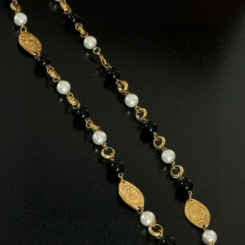 18K CC Long Black & White Pearls Necklace
