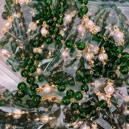 18K CC Long Green & White Pearls Necklace