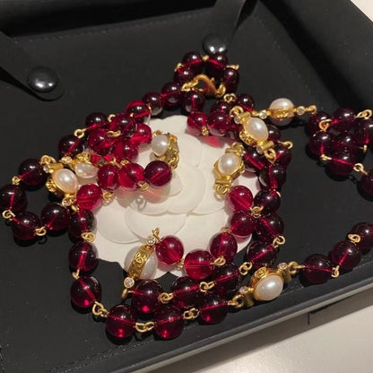 18K CC Long Red & White Pearls Necklace