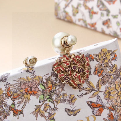 18K CD Tribales Red Flower Heart Faux Pearl Earrings