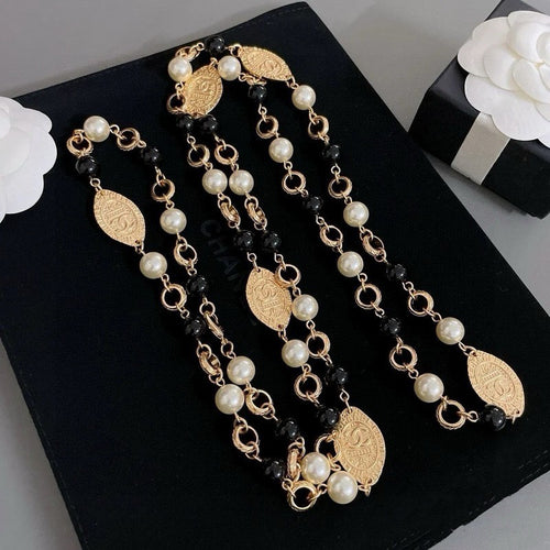 18K CC Long Black & White Pearls Necklace
