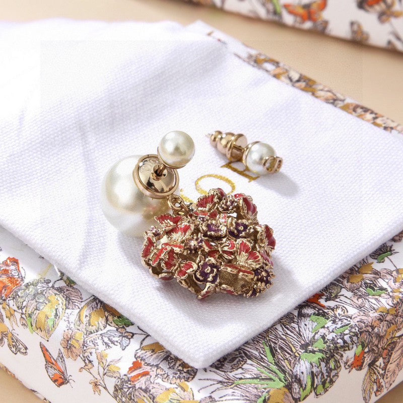 18K CD Tribales Red Flower Heart Faux Pearl Earrings