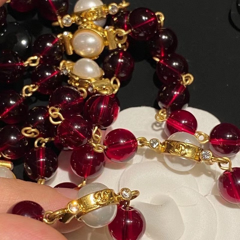 18K CC Long Red & White Pearls Necklace