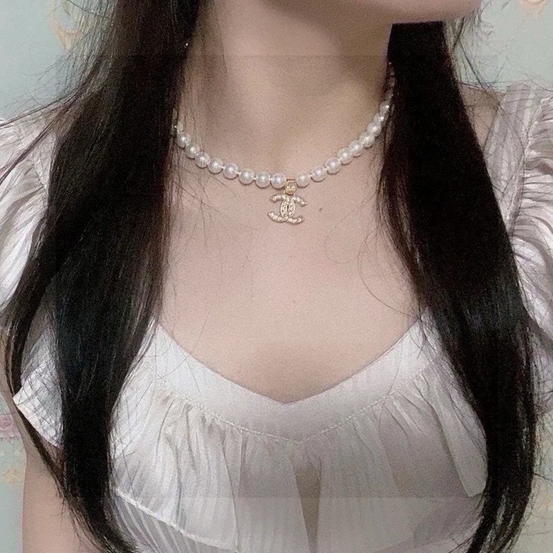 18K CC Pearl Chain Diamond Necklace
