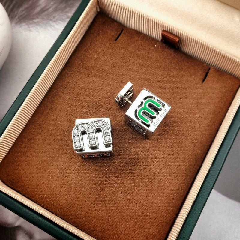 18K Miu Green & Yellow Cube Earrings