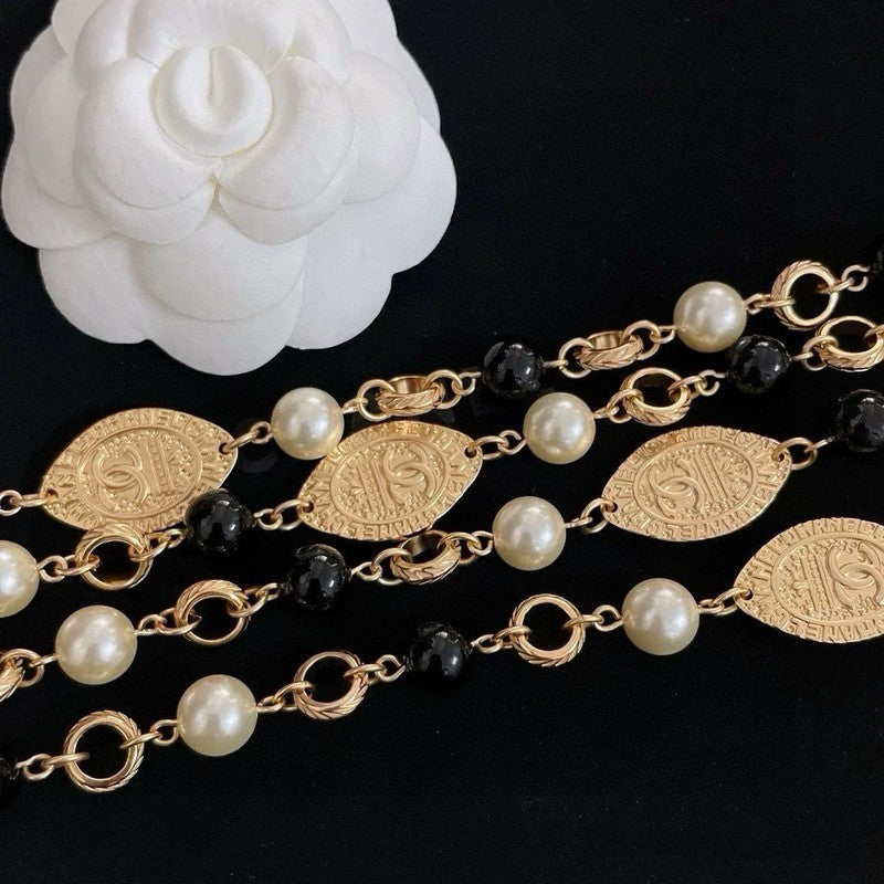 18K CC Long Black & White Pearls Necklace