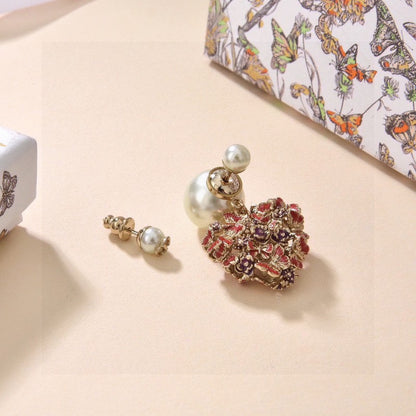 18K CD Tribales Red Flower Heart Faux Pearl Earrings