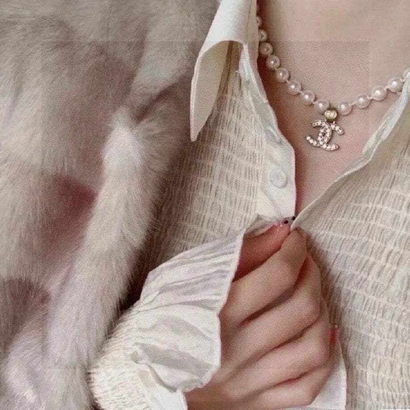 18K CC Pearl Chain Diamond Necklace