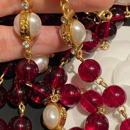 18K CC Long Red & White Pearls Necklace