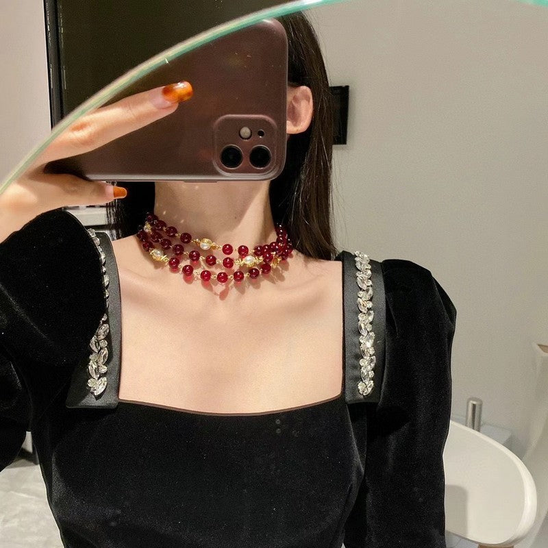 18K CC Long Red & White Pearls Necklace