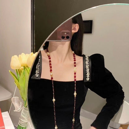 18K CC Long Red & White Pearls Necklace