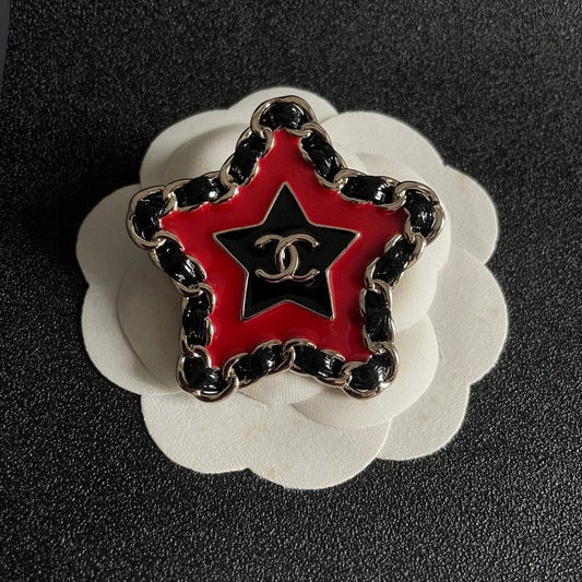 18K CC Black & Red Star Leather Brooch